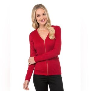 Calvin Klein Red Ribbed Knit V-Neck Zip Front Sweater,Size L